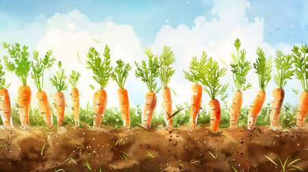 Watercolor illustration of a carrot field with bright green leaves and vibrantsky background. Concept of agriculture, organic farming, vegetables, nature.の写真素材