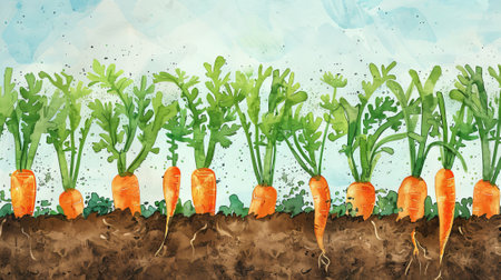 Watercolor illustration of a carrot field with bright green leaves and vibrantsky background. Concept of agriculture, organic farming, vegetables, nature.の写真素材