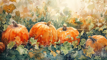 Watercolor illustration of a field of ripe pumpkins in sunlight. Concept of autumn harvest, seasonal vegetables, gardening, nature scene.の写真素材
