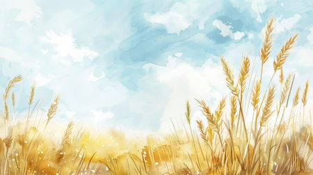 Watercolor Illustration of a Golden Wheat Field under a Vivid Blue Sky with Fluffy White Clouds. Concept of Countryside, Nature, Agriculture, Summer Serenity. Copy space.の写真素材