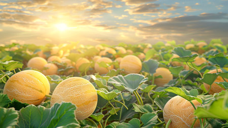 Ripe Yellow Melons in a Sunlit Field Against a Backdrop of a Setting Sun. Concept of Harvest, Agriculture, Fresh Produce, Summer Fields.の写真素材