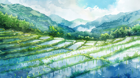 Watercolor illustration of a terraced rice field in a lush valley with surrounding mountains and sky. Concept of landscape painting, agriculture, nature scenery, rural farming.の写真素材