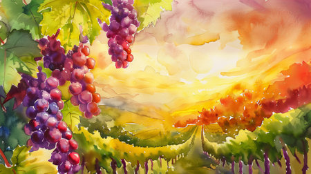 Watercolor illustration of a vineyard with ripe grapes and autumn leaves. Concept of grape harvest, vineyard, winemaking, fall season.. Copy space.の写真素材