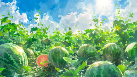 Watercolor painting of a watermelon field with lush green leaves and ripe melons under a sunny sky. Concept of fresh fruit, agriculture, nature, and summer harvest.の写真素材