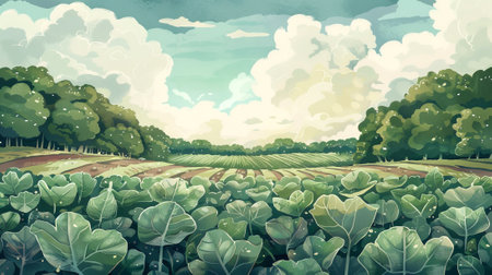 Lush green cabbage field under a bright sky with clouds. Watercolor art. Concept of agriculture, organic farming, and fresh produce.の写真素材