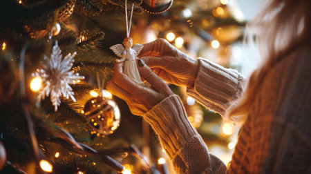 Elderly Caucasian woman decorating a Christmas tree with an angel ornament. Concept of holiday tradition, festive season, senior activities, home decoration.の写真素材