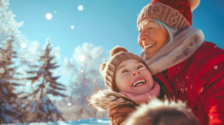 Caucasian senior woman and young girl enjoying snowy winter day outdoors. Concept of family, winter...