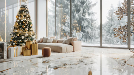 Luxurious penthouse with floor-to-ceiling windows, a Christmas tree, and holiday decor. Concept of holiday season, high-end living, festive decoration, modern interior, and winter scenery.の写真素材