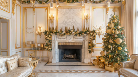 Elegant Christmas decorated living room with a beautifully adorned Christmas tree by the fireplace Concept of holiday season, festive decor, luxury interior, winter celebration.の写真素材
