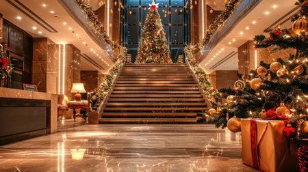 Luxurious hotel lobby decorated for Christmas with festive lights and garlands Concept of holiday ambience, seasonal decorations, luxury interior.の写真素材