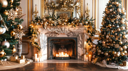 Lavishly Decorated Fireplace with Lit Candles and Christmas Trees. Concept of Holiday Decor, Festive Season, Luxurious Interiors.の写真素材