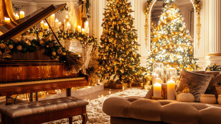 Festive Christmas living room with decorated piano and glowing tree Concept of holiday decor, winter celebration, cozy home interior, festive atmosphere.の写真素材