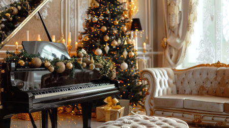 Festive Christmas living room with decorated piano and glowing tree Concept of holiday decor, winter celebration, cozy home interior, festive ambiance.の写真素材