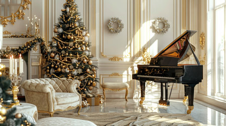 Festive Christmas living room with decorated piano and glowing tree Concept of holiday decor, winter celebration, cozy home interior, festive ambiance.の写真素材