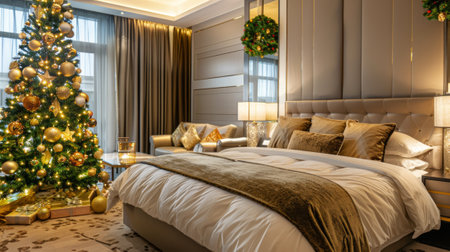 Cozy luxury hotel room with a decorated Christmas tree, warm lighting, and festive decorations. Concept of holiday season, festive decor, Christmas celebration, luxury accommodation.の写真素材