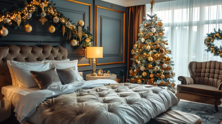 Cozy luxury hotel room with a decorated Christmas tree, warm lighting, and festive decorations. Concept of holiday season, festive decor, Christmas celebration, luxury accommodation.の写真素材