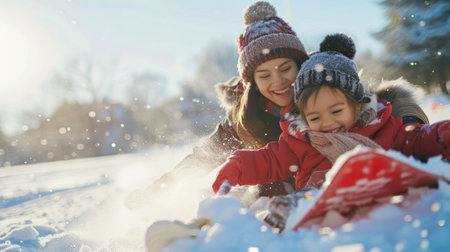 Two sisters enjoying a snowy day, sledding and laughing together. Concept of sibling fun, winter activities, outdoor play, and family bonding.の写真素材
