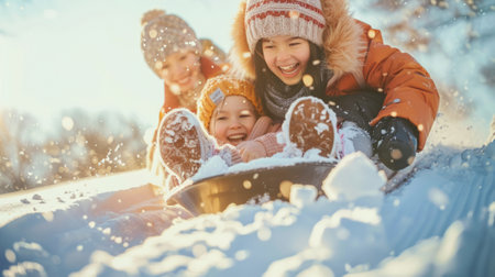 Children sledding in the snow with winter clothes on a sunny day. Concept of childhood joy, winter activities, family fun, outdoor play.の写真素材