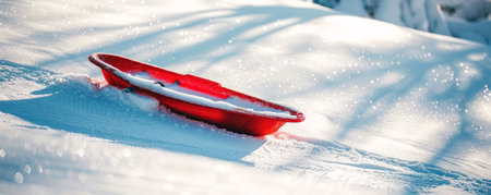 Red plastic sled on a snowy hill. Concept of winter recreation, outdoor activities, snow fun, sledding adventure. Copy space.の写真素材