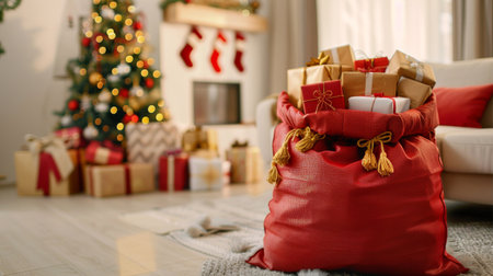 Red Santa bag filled with wrapped gifts in a festive living room with Christmas tree and decorations. Concept of holidays, celebration, presents, family gathering. Copy space.の写真素材