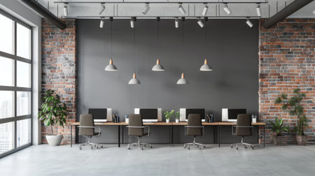 Modern open office workspace with computers and chairs. Concept of workspace, office design, productivity, teamwork.の写真素材