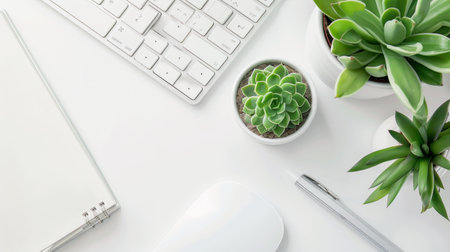 Modern white workspace with plants, keyboard, and notebook Concept of office desk, greenery, productivity, organization. Copy space.の写真素材