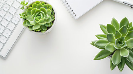 Modern white workspace with plants, keyboard, and notebook Concept of office desk, greenery, productivity, organization. Copy space.の写真素材
