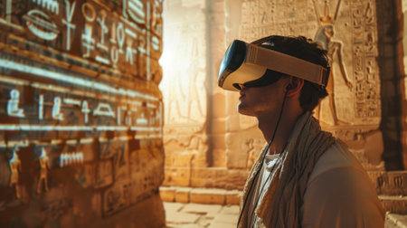 Caucasian man wearing virtual reality headset in an ancient Egyptian temple. Concept of VR...