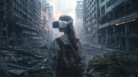 Caucasian woman wearing virtual reality glasses in a post-apocalyptic city. Concept of VR technology, futuristic experience, destruction, immersive gaming.の写真素材