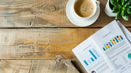 Coffee cup next to business reports and graphs on a wooden table. Concept of office work, data analysis, business meeting, financial planning.. Copy space.の写真素材