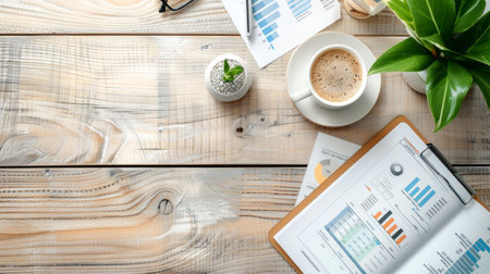 Coffee cup next to business reports and graphs on a wooden table. Concept of office work, data...