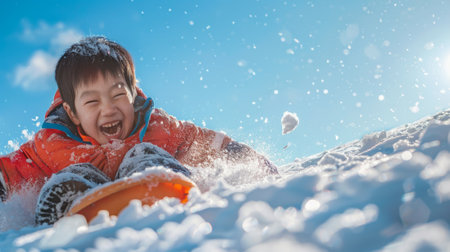 Joyful Asian boy sledding in the snow on a sunny winter day. Concept of child, outdoor fun, winter sports, seasonal activity.. Copy space.の写真素材