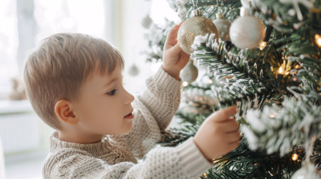Caucasian boy decorating a Christmas tree with ornaments. Concept of holiday season, childhood, festive traditions, home decoration.の写真素材