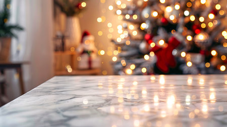 Marble table in front of a decorated Christmas tree with lights. Concept of holiday celebration, festive decor, winter season, home interior. Mockup, product display. Copy space.の写真素材