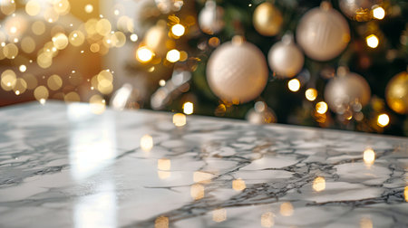 Marble table in front of a decorated Christmas tree with lights. Concept of holiday celebration, festive decor, winter season, home interior. Mockup, product display. Copy space.の写真素材