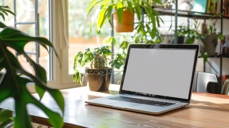 Laptop with white screen on a wooden desk in a home office with plants. Concept of remote work, home office, productivity, indoor greenery. Mockup. Copy space.の写真素材