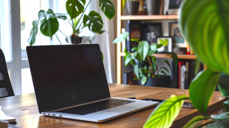 Laptop with black screen on a wooden desk surrounded by houseplants with sunlight through windows. Concept of remote work, home office, nature-inspired workspace, freelancer lifestyle. Mockup. Copy space.の写真素材