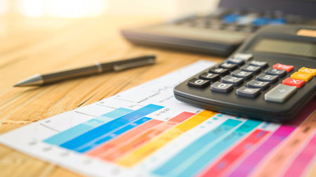 A calculator and pen on top of financial reports with colorful graphs on a wooden desk. Concept of financial analysis, business planning, office work, and economic data.の写真素材