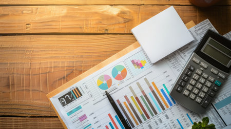 A calculator and pen on top of financial reports with colorful graphs on a wooden desk. Concept of financial analysis, business planning, office work, and economic data.の写真素材