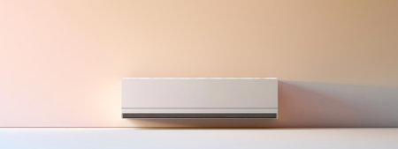 Modern minimalist air conditioning unit mounted on a beige wall. Concept of HVAC system, indoor climate control, minimalist home design. Banner. Copy space.の写真素材