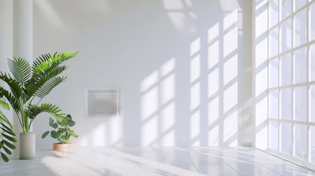 Modern air vent installed on a bright white living room wall with large green plants and natural light. Concept of home ventilation, modern interior design, and indoor air quality. Copy space.の写真素材
