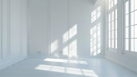 Bright Sunlit Empty Room with Large Windows and White Walls. Concept of Minimalist Interior Design, Natural Light, Clean Space. Mockup. Copy space.の写真素材