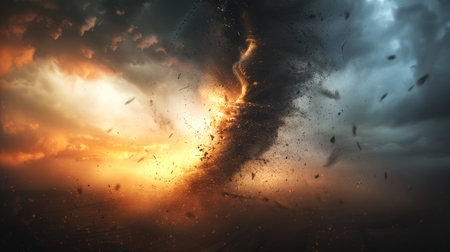 Powerful tornado under dramatic sky with debris in the air. Concept of natural disaster, extreme weather, climate change, tempest.の写真素材