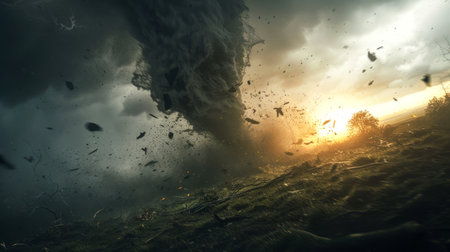 Powerful tornado under dramatic sky with debris in the air. Concept of natural disaster, extreme weather, climate change, tempest.の写真素材