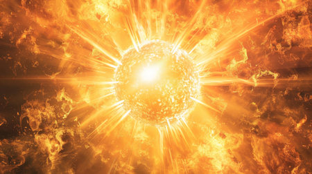 Glowing molten star emitting intense light. Concept of solar energy, celestial body, space, astronomy phenomenon.の写真素材
