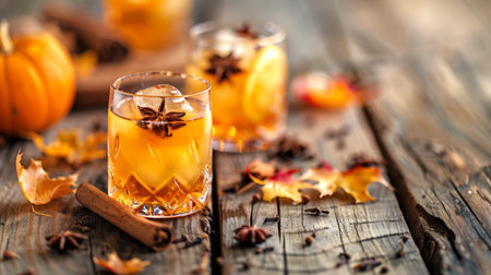 Autumn-themed cocktail with spices on a rustic wooden table. Concept of fall drinks, seasonal flavors, cozy atmosphere, festive beverages. Copy space.の写真素材