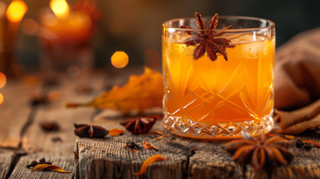 Autumn-themed cocktail with spices on a rustic wooden table. Concept of fall drinks, seasonal flavors, cozy atmosphere, festive beverages. Copy space.の写真素材