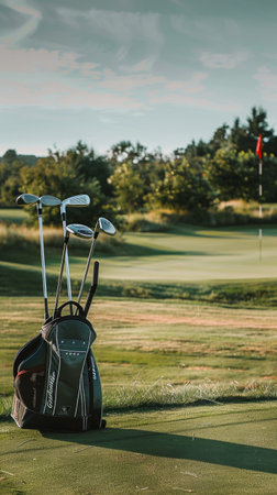 Golf bag with clubs on a lush course surrounded by greenery. Concept of golfing equipment, outdoor sports, recreation, fitness. Copy space.の写真素材