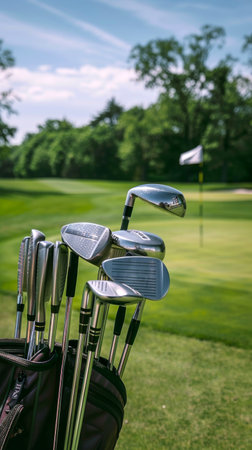 Golf bag with clubs on a lush course surrounded by greenery. Concept of golfing equipment, outdoor sports, recreation, fitness. Copy space.の写真素材