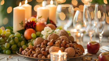 Elegant table centerpiece with nuts, fruits, and candles set for a festive celebration. Concept of holiday dining, healthy snacks, festive decor, natural elements, and elegant settings.の写真素材
